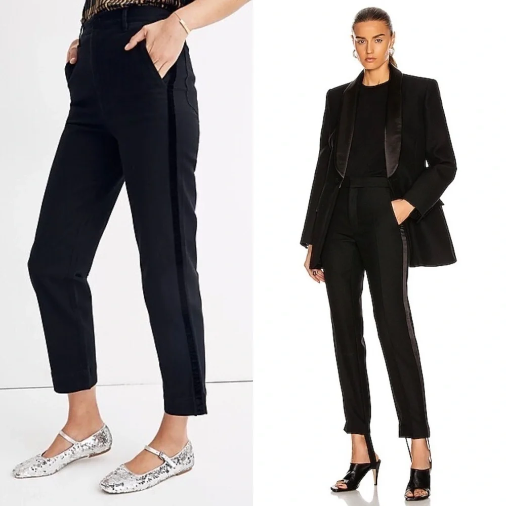 NWT L’AGENCE High Rise Velvet Tuxedo Stripe Ankle Crop Straight Leg‎ Trousers 2